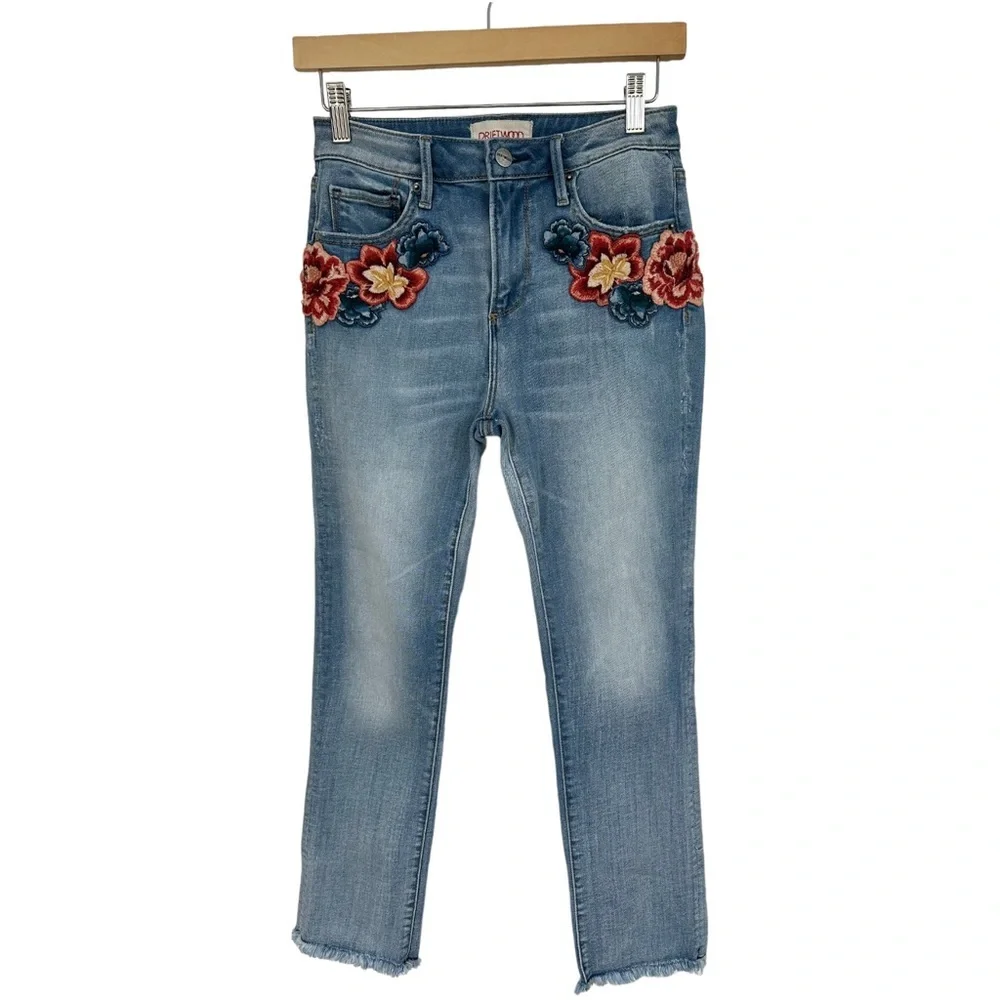 Driftwood Colette High Rise Fray Hem Jean Straight Crop Floral Applique  Size 25 - Picture 5 of 13